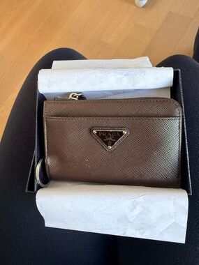 Prada Brown Saffiano Zip Card Case Wallet
